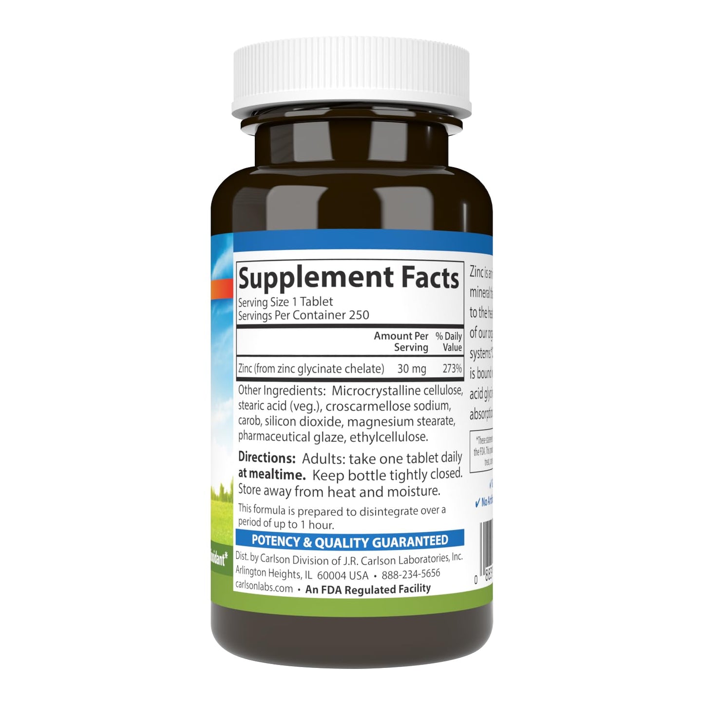 Carlson Chelated Zinc 30 mg – Zinc Glycinate Chelate Supplement – Superior Absorption, Immune & Enzyme Support, Antioxidant, 250 Tablets