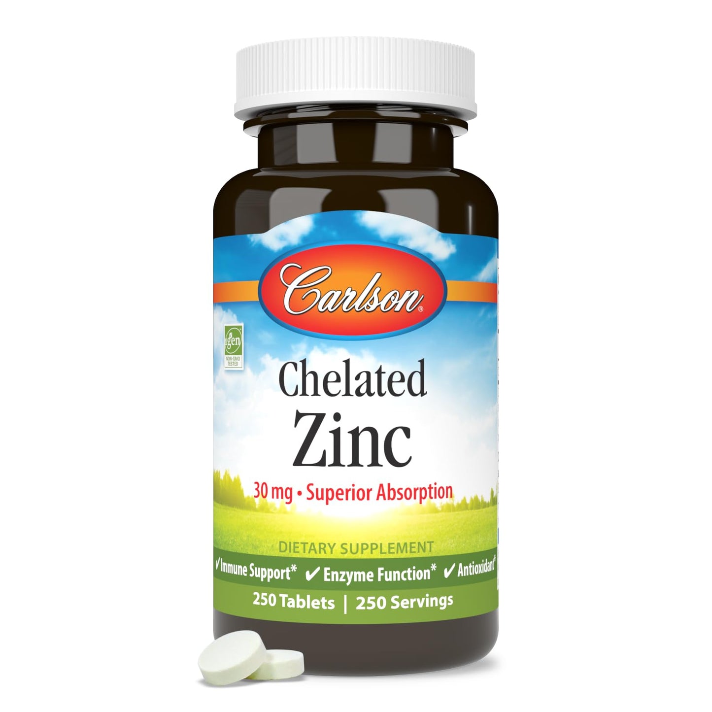 Carlson Chelated Zinc 30 mg – Zinc Glycinate Chelate Supplement – Superior Absorption, Immune & Enzyme Support, Antioxidant, 250 Tablets