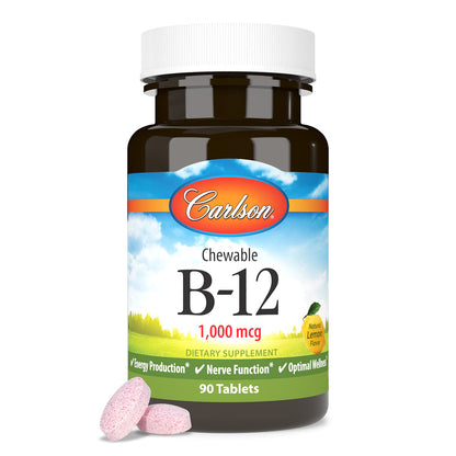 Carlson Chewable B-12 1000 mcg – Energy & Nerve Support, Lemon, 90 Tablets
