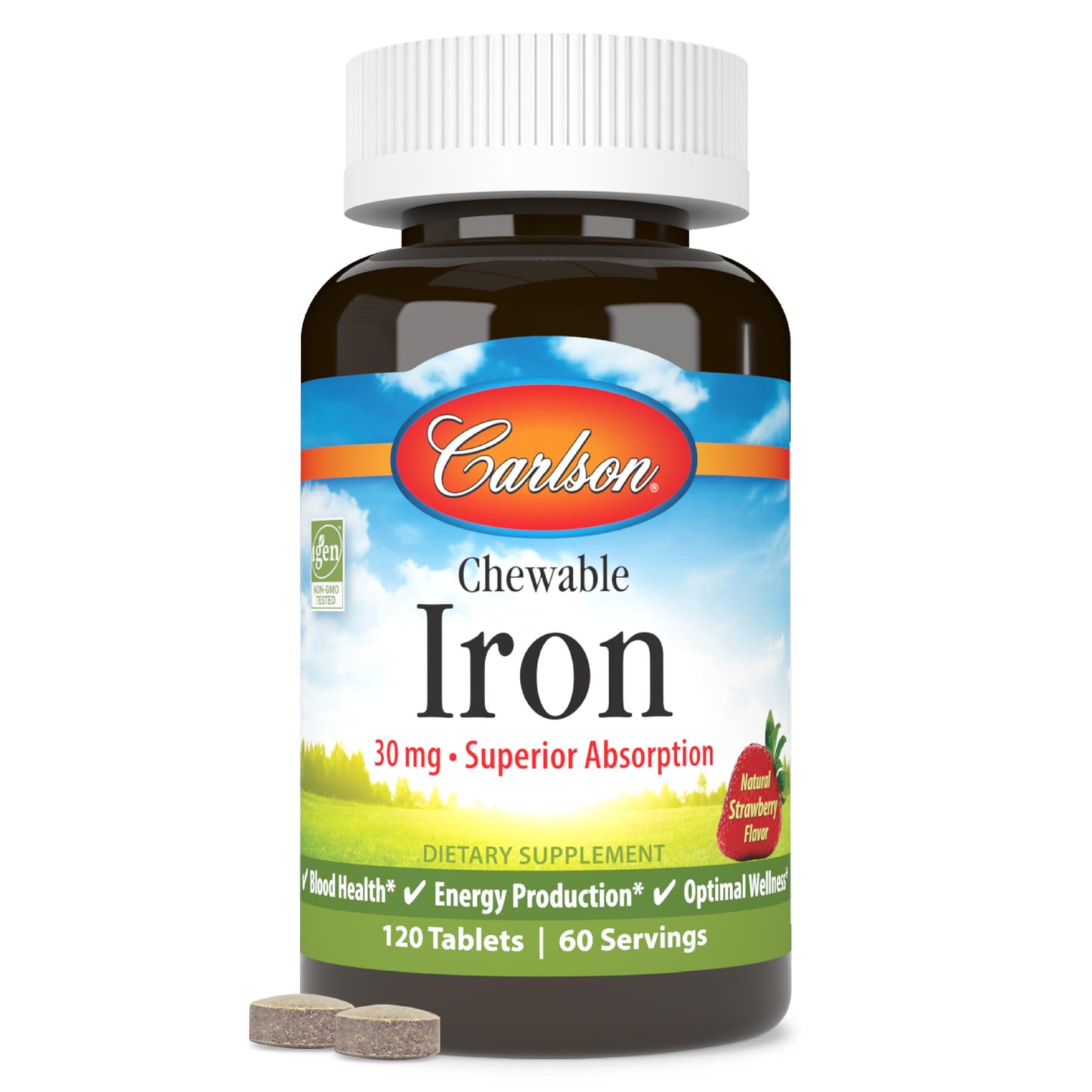 Carlson Chewable Iron 30 mg – Superior Absorption, Blood Health, Energy & Wellness, 120 Tablets, Natural Strawberry Flavor