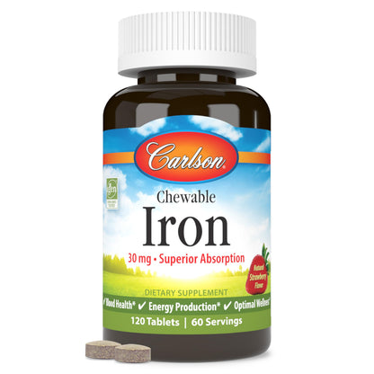 Carlson Chewable Iron 30 mg – Superior Absorption, Blood Health, Energy & Wellness, 120 Tablets, Natural Strawberry Flavor