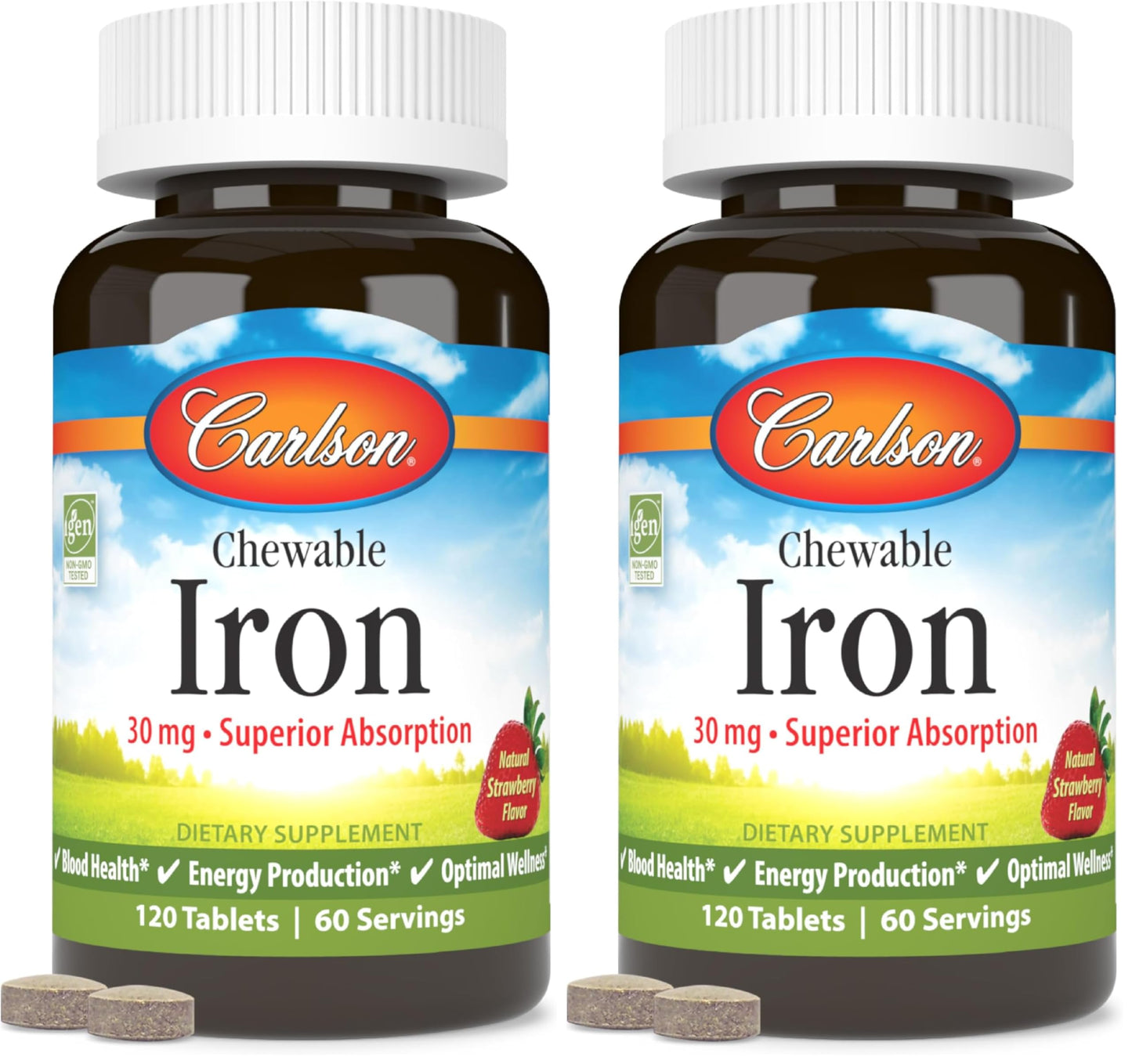 Carlson Chewable Iron 30 mg – Superior Absorption, Blood Health & Energy | Strawberry Flavor | Pack of 2 (240 Tablets)