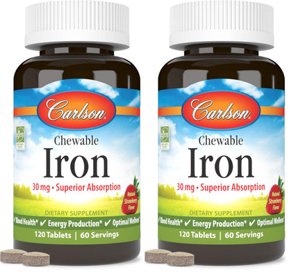 Carlson Chewable Iron 30 mg – Superior Absorption, Blood Health & Energy | Strawberry Flavor | Pack of 2 (240 Tablets)