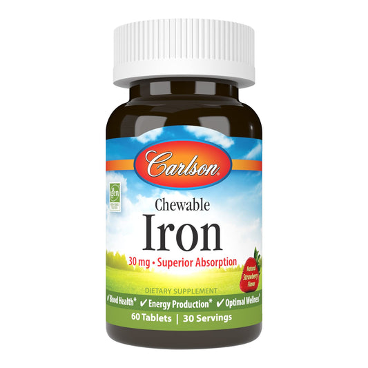 Carlson Chewable Iron 30 mg – Superior Absorption, Blood Health & Energy | Strawberry Flavor | 60 Tablets BritishVita | Premium UK Vitamins & Wellness Supplements