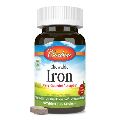 Carlson Chewable Iron 30 mg – Superior Absorption, Blood Health & Energy | Strawberry Flavor | 60 Tablets