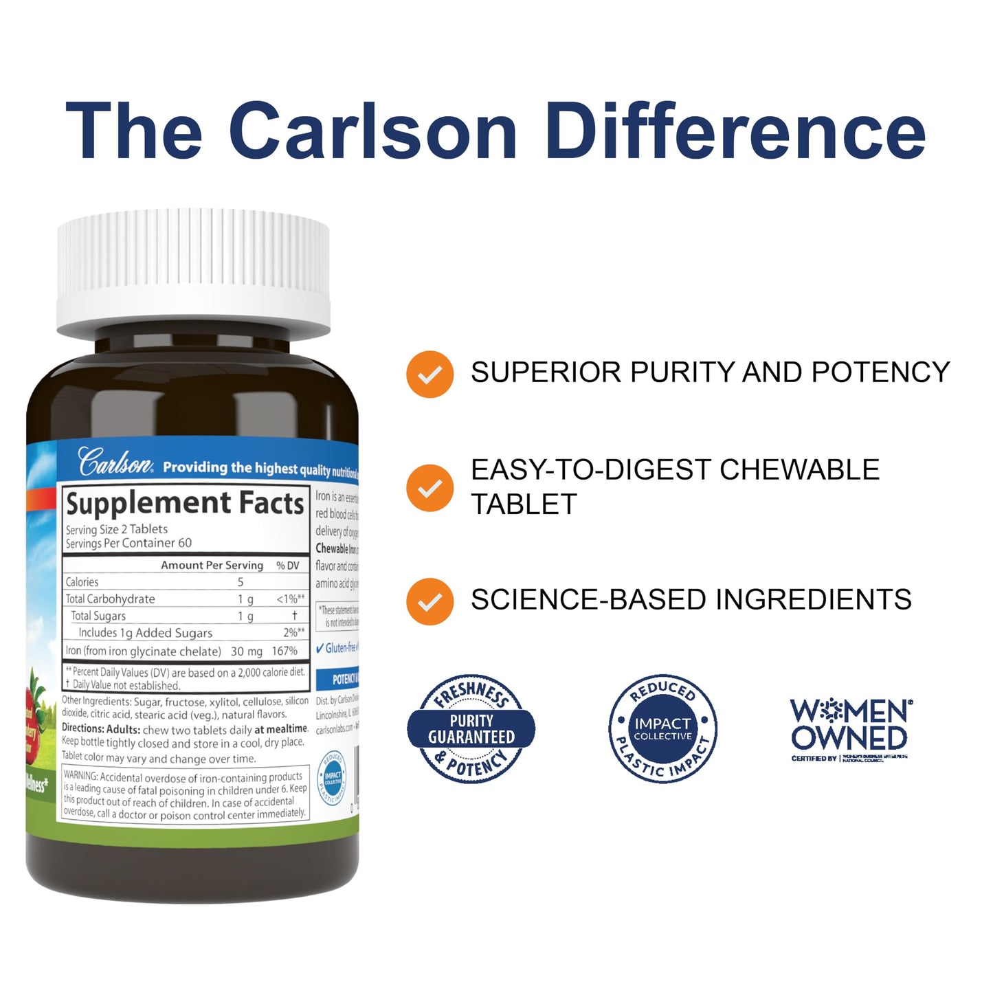 Carlson Chewable Iron 30 mg – Superior Absorption, Blood Health, Energy & Wellness, 120 Tablets, Natural Strawberry Flavor