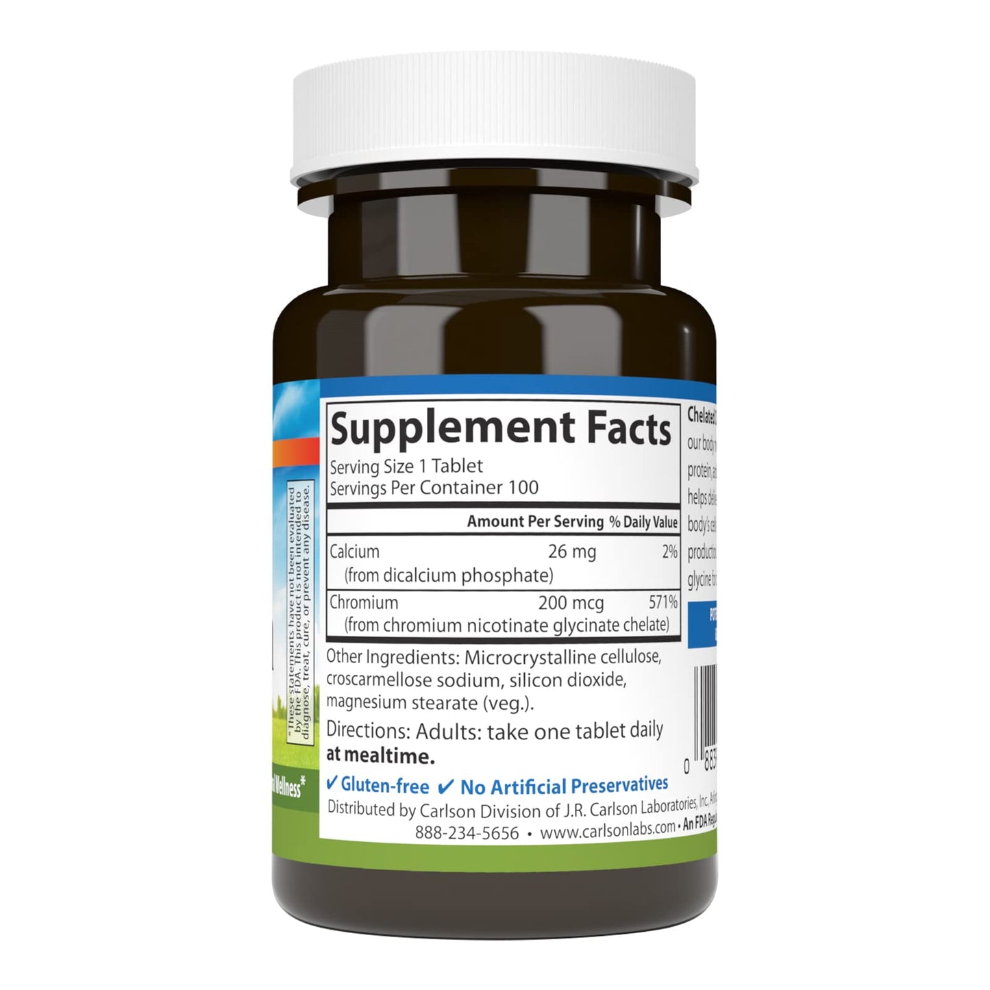 Carlson Chelated Chromium 200 mcg - Superior Absorption, 100 Tablets