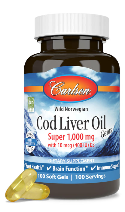 Carlson Cod Liver Oil 1000 mg + Vitamins A & D3 | Wild Norwegian, Sustainably Sourced | 100 Softgels