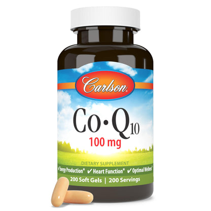 Carlson Co-Q10 100 mg – Co-Enzyme Q10 for Energy & Heart Health | 200 Softgels