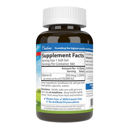 Carlson Vitamin D3 10,000 IU (250 mcg) - Cholecalciferol for Bone & Immune Health | 360 Soft Gels