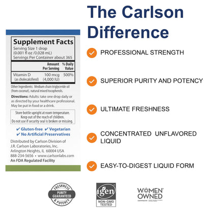 Carlson Super Daily D3 4000 IU per Drop | Liquid Vitamin D3, 1-Year Supply, Unflavored