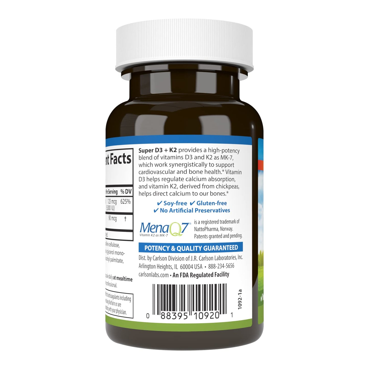 Carlson Super D3 + K2: Vitamin D3 5000 IU & K2 MK-7, 90 Veg Capsules