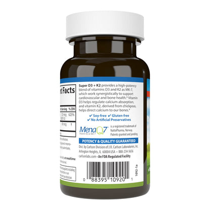 Carlson Super D3 + K2: Vitamin D3 5000 IU & K2 MK-7, 90 Veg Capsules