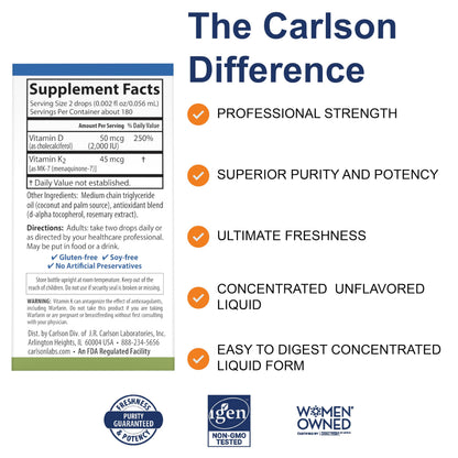 Carlson Super Daily D3 + K2 – 50 mcg D3 + 45 mcg MK-7 per serving | Heart & Bone Health | 360 Drops (10.16 ml)