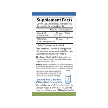Carlson Super Daily D3 + K2 | 50 mcg D3, 45 mcg MK-7 | 90 Drops