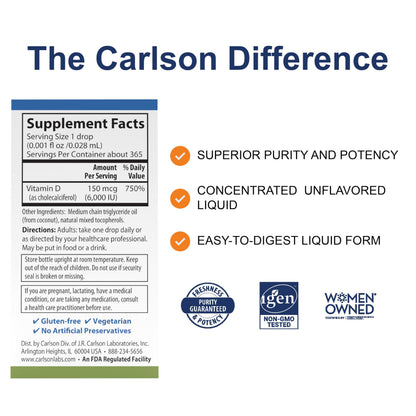 Carlson Super Daily D3 | 6000 IU per Drop, Liquid Vitamin D3, 365 Drops