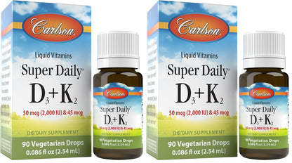 Carlson Super Daily D3 + K2, 50 mcg D3 + 45 mcg MK-7 | Heart & Bone Health | 90 Drops (Pack of 2)