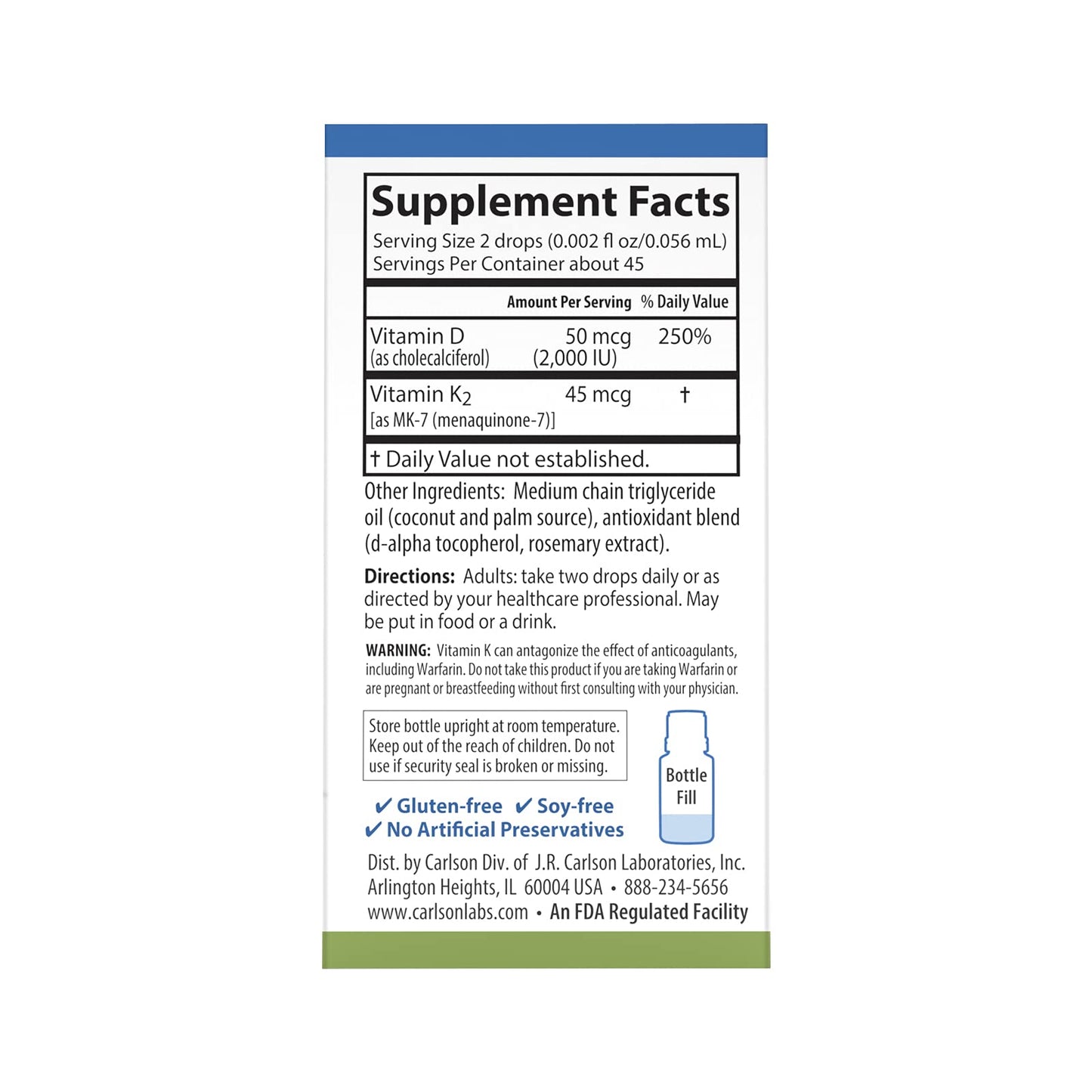 Carlson Super Daily D3 + K2, 50 mcg D3 + 45 mcg MK-7 | Heart & Bone Health | 90 Drops (Pack of 2)