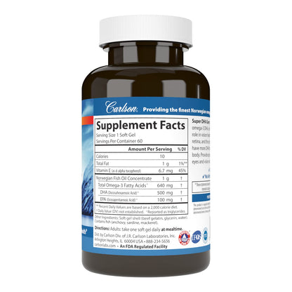 Carlson Super DHA Gems - 500 mg DHA, Norwegian Fish Oil, 60 Softgels