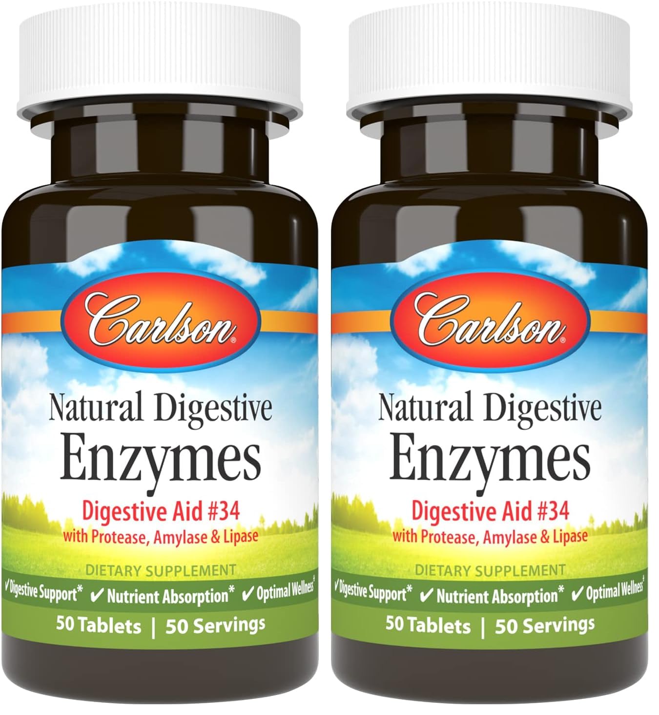 Carlson Natural Digestive Enzymes – Protease, Amylase & Lipase Digestive Aid, 50 Tablets (Pack of 2)