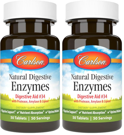 Carlson Natural Digestive Enzymes – Protease, Amylase & Lipase Digestive Aid, 50 Tablets (Pack of 2)