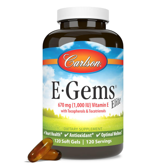 Carlson E-Gems Elite 1000 IU Vitamin E — Heart Health, Tocopherols & Tocotrienols, 120 Soft Gels BritishVita | Premium UK Vitamins & Wellness Supplements