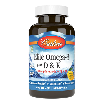 Carlson Elite Omega-3 Plus D & K – 700 mg Omega-3s, D3 & K2, Lemon, 60 Softgels