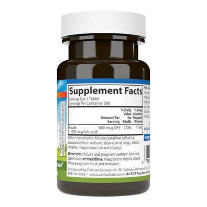 Carlson Folic Acid 400 mcg – Prenatal Support & Fetal Development | 300 Tablets