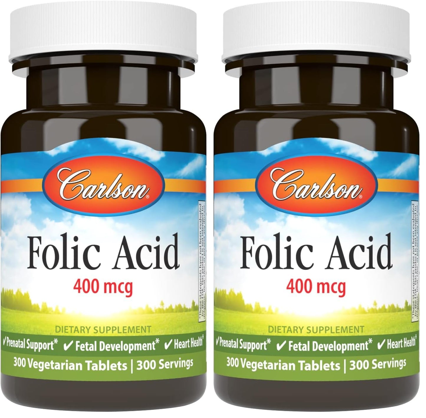 Carlson Folic Acid 400 mcg | Prenatal Support & Fetal Development | 300 Tablets (Pack of 2)
