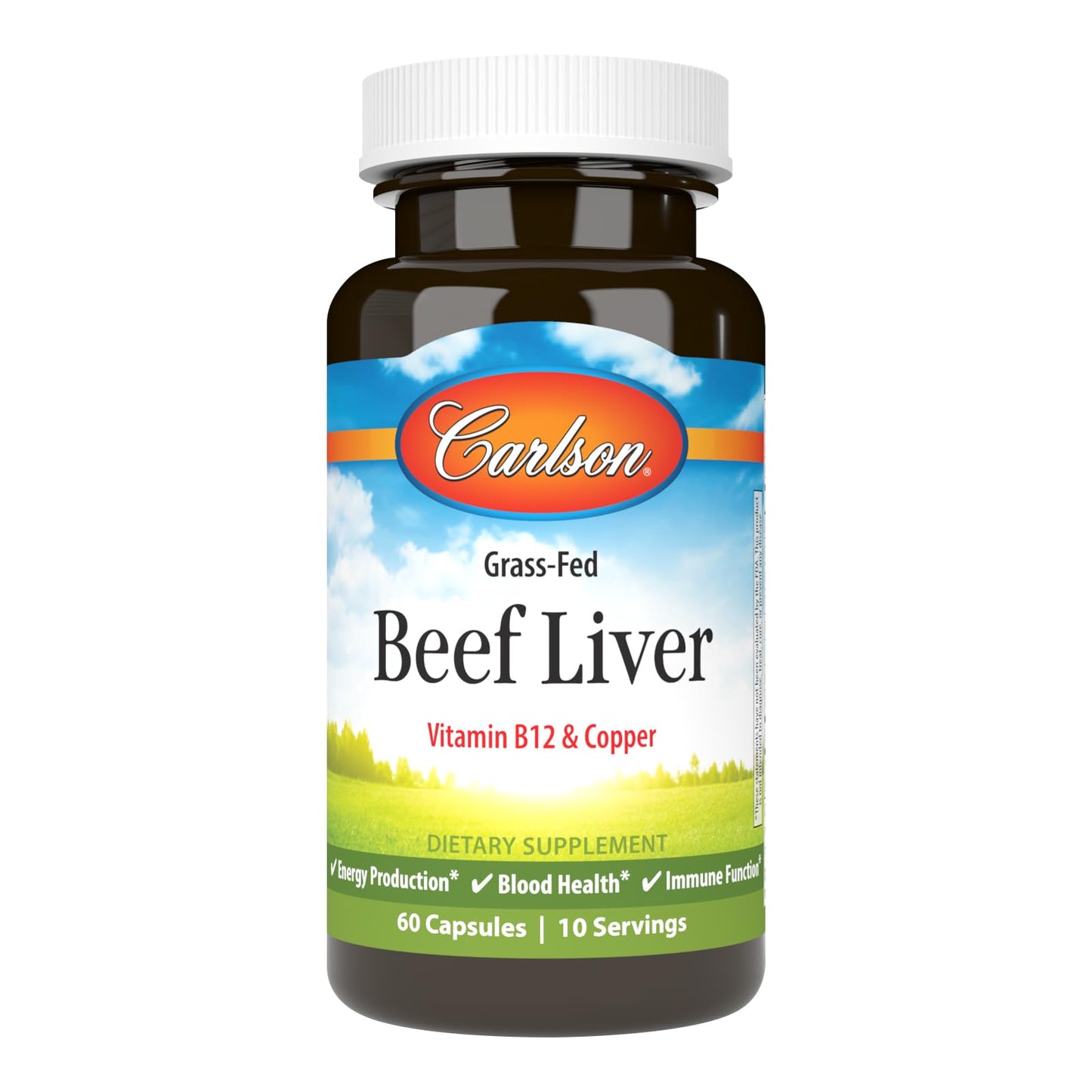 Carlson Grass-Fed Beef Liver - 60 Capsules | Iron & Copper for Energy & Blood Health