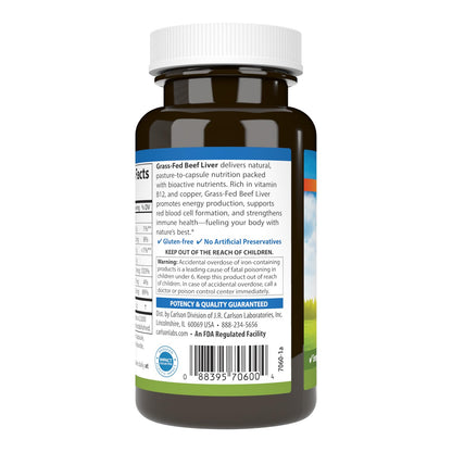 Carlson Grass-Fed Beef Liver - 60 Capsules | Iron & Copper for Energy & Blood Health