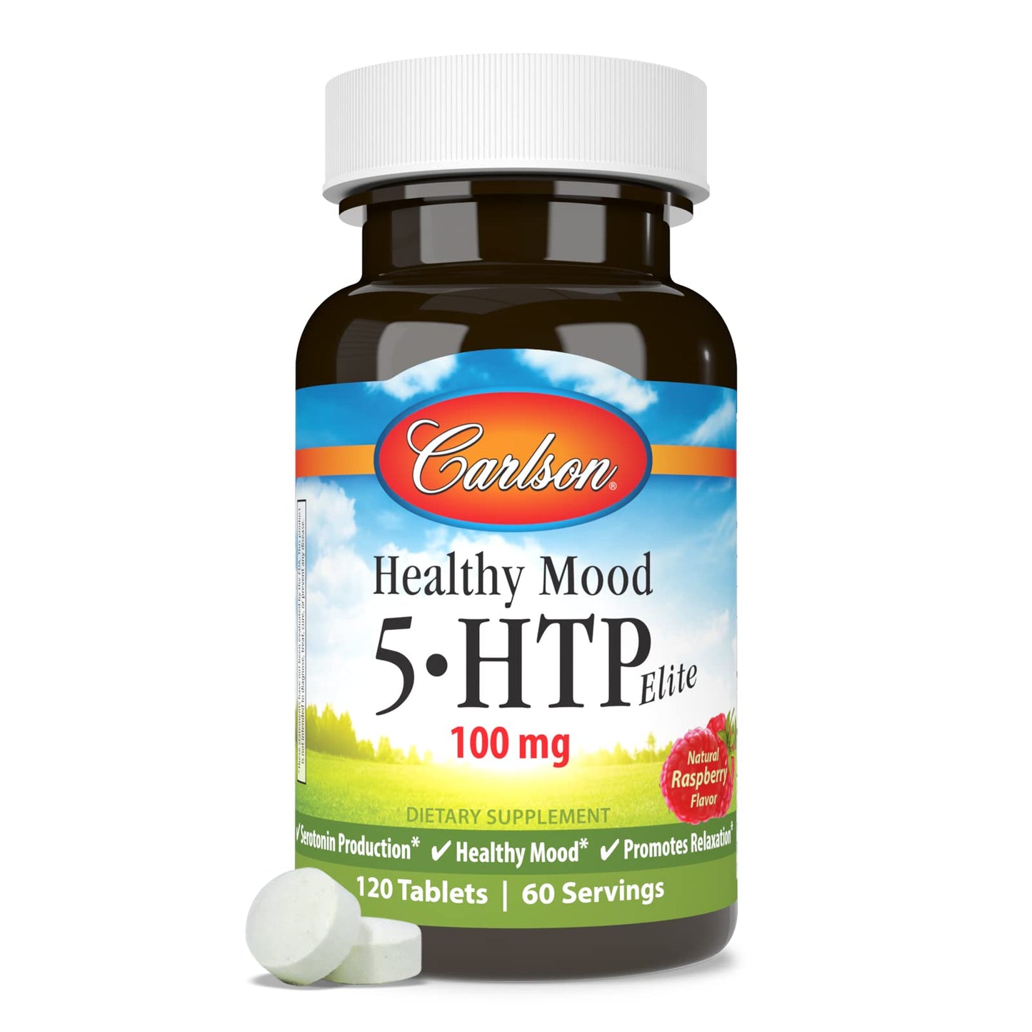 Carlson - Healthy Mood 5-HTP Elite, 100 mg, Serotonin Production, Healthy Mood & Promotes Relaxation, Natural Raspberry Flavor, 120 Tablets