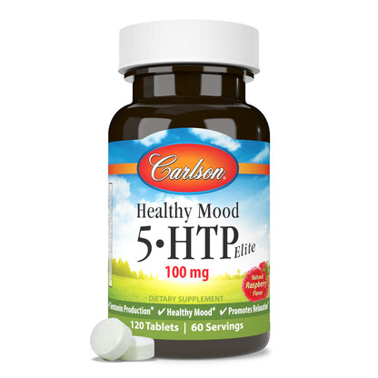 Carlson - Healthy Mood 5-HTP Elite, 100 mg, Serotonin Production, Healthy Mood & Promotes Relaxation, Natural Raspberry Flavor, 120 Tablets