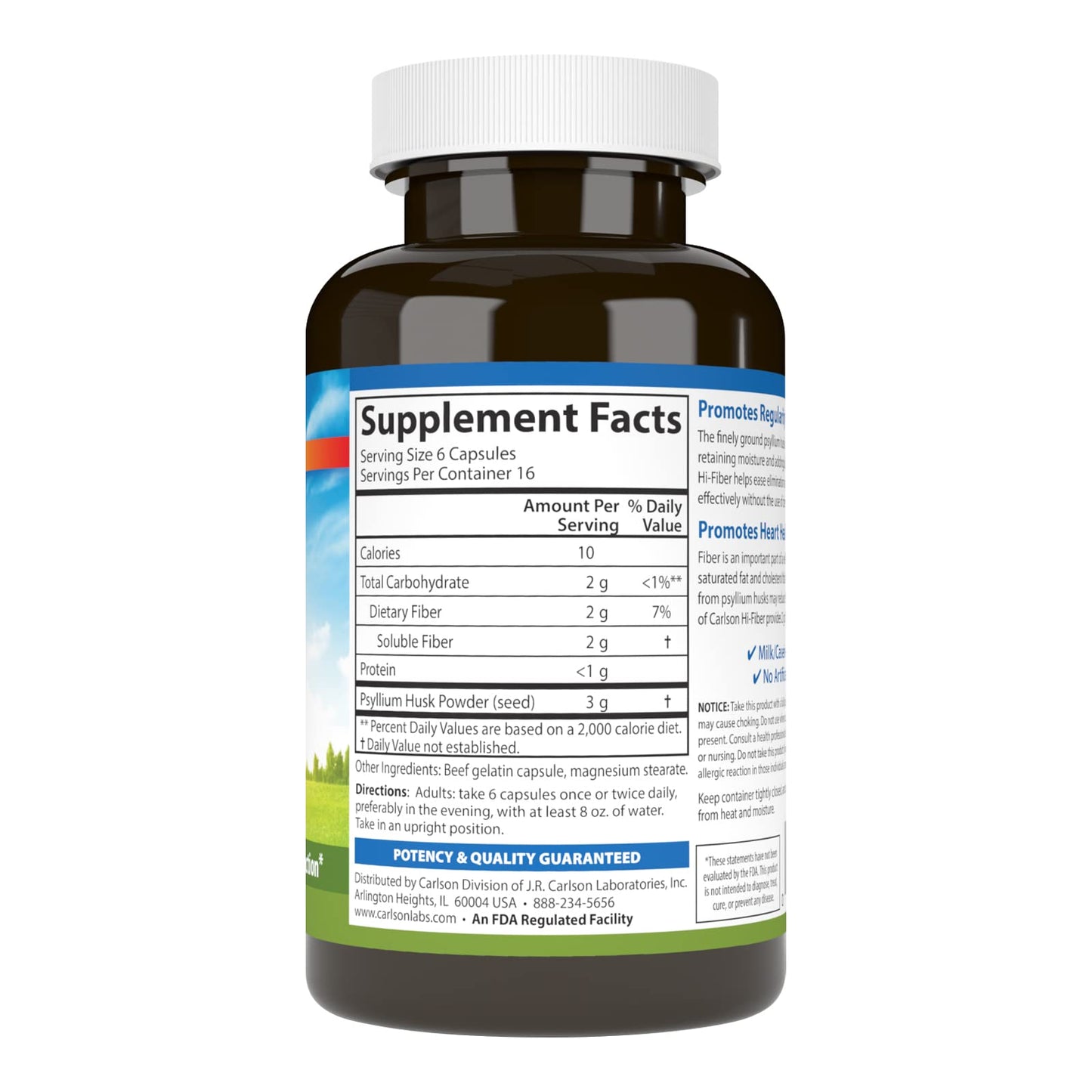 Carlson Hi-Fiber Psyllium Husk Capsules 3 g – Regularity, Colon Health & Heart Function | 100 Capsules