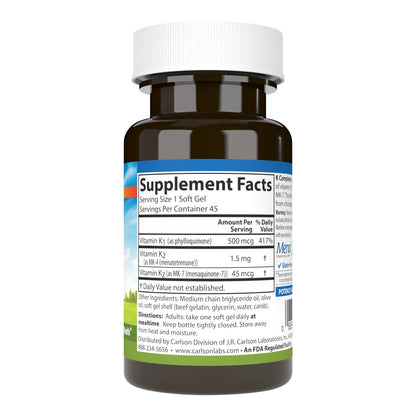 Carlson K Complete – K1 & K2 MK-4 MK-7 for Bone & Cardiovascular Health | 45 Softgels