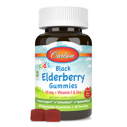 Carlson Kid's Black Elderberry Gummies with Vitamin C & Zinc – Immune Support, 60 Gummies