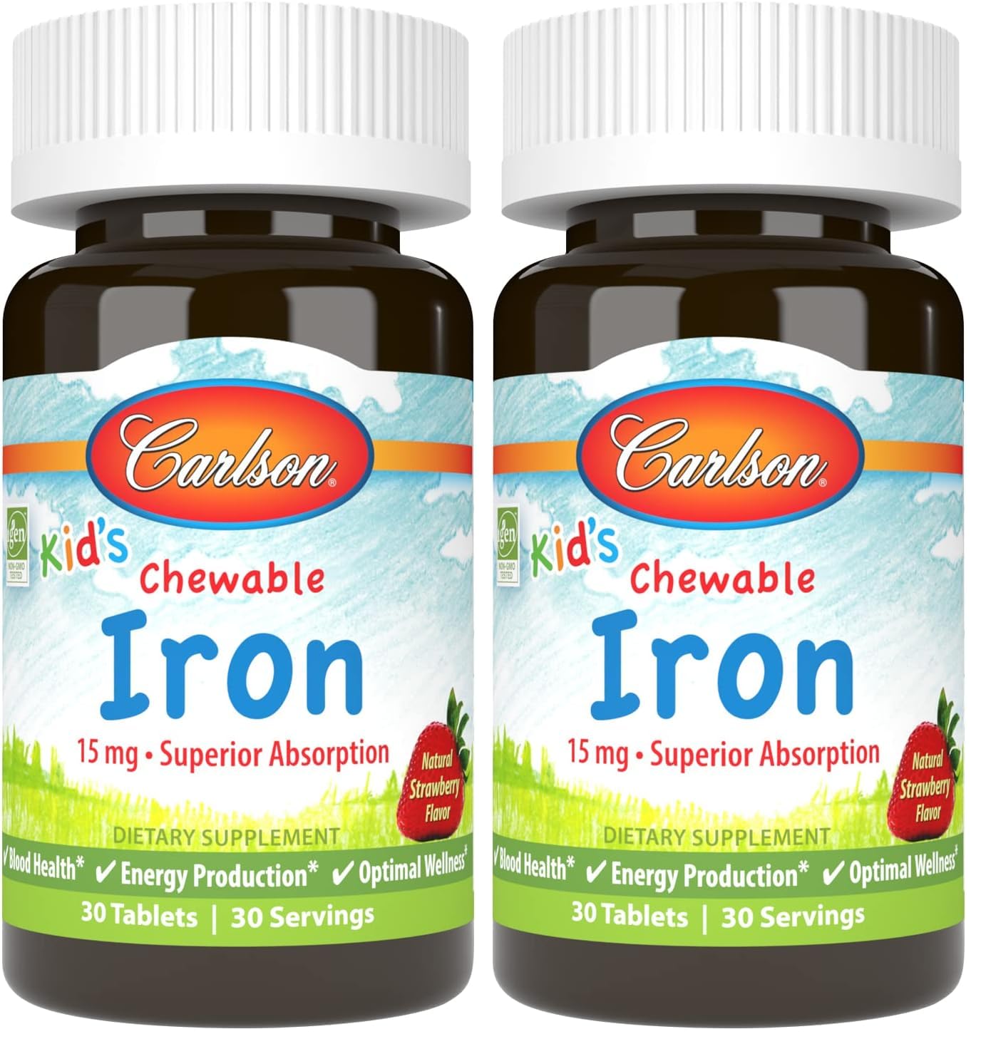 Carlson Kid's Chewable Iron 15 mg – Strawberry Flavor, 30 Tablets (Pack of 2)