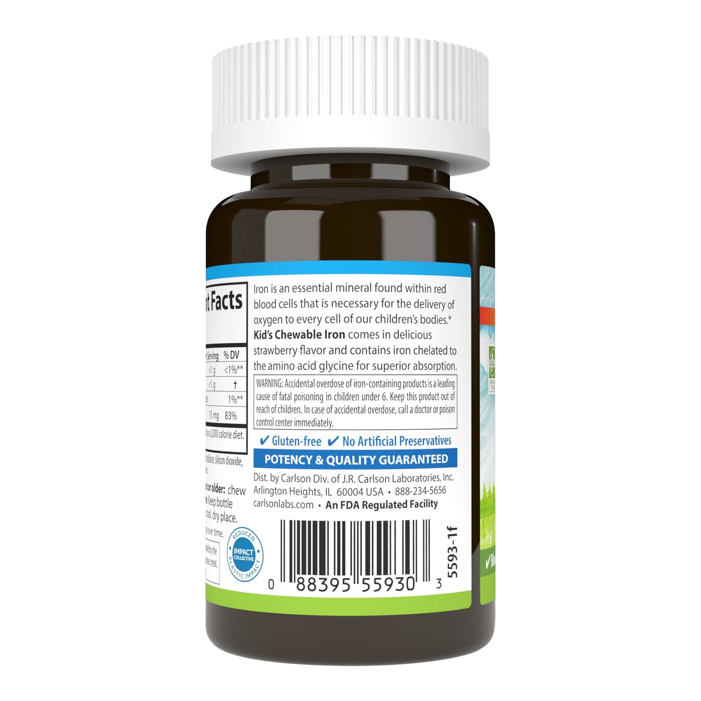 Carlson Kid's Chewable Iron 15 mg – Strawberry Flavor, 30 Tablets (Pack of 2)