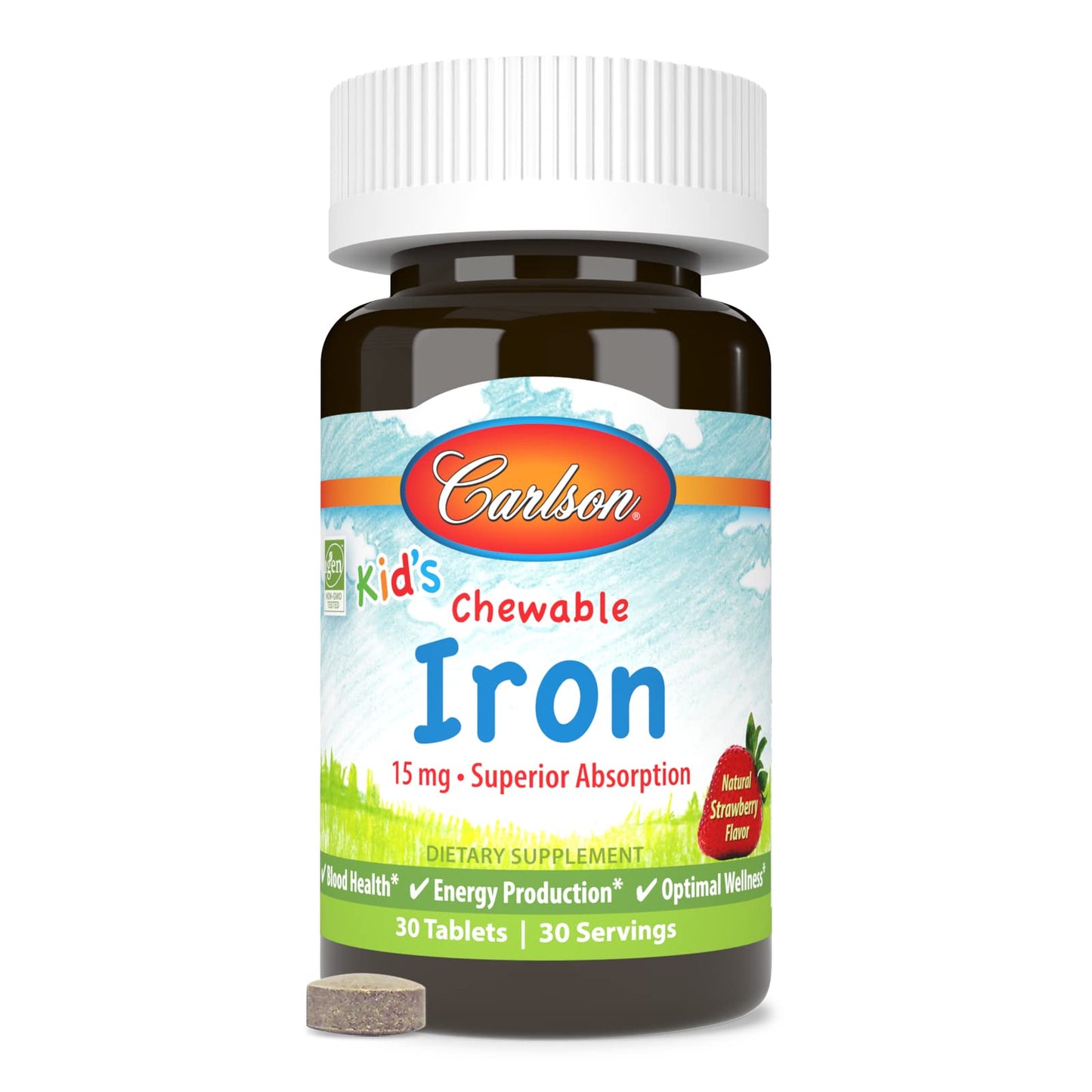 Carlson Kid's Chewable Iron 15 mg – Strawberry Flavor, 30 Tablets (Pack of 2)