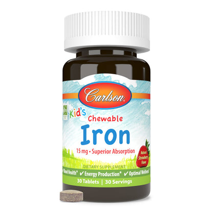 Carlson Kid's Chewable Iron 15 mg – Strawberry Flavor, 30 Tablets (Pack of 2)