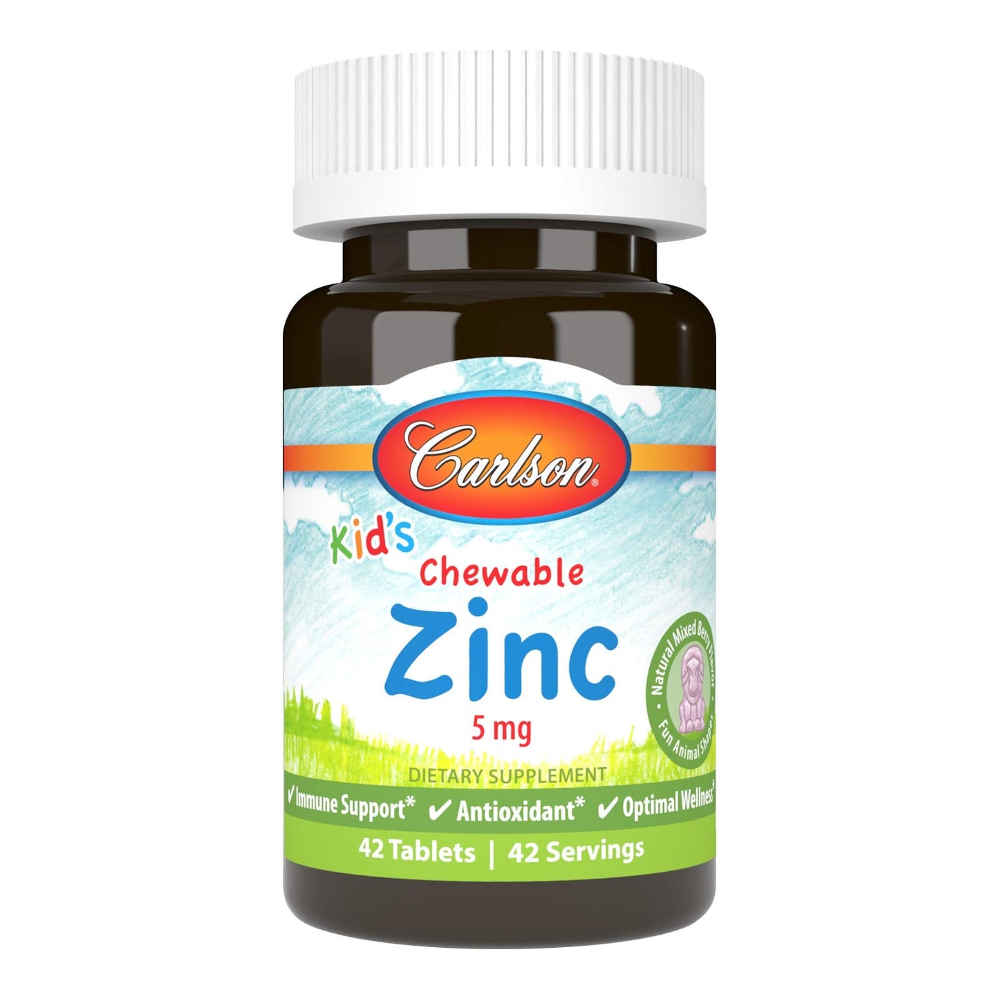 Carlson Kids' Chewable Zinc 5 mg – Immune Support, Antioxidant Power | Berry Flavor, 42 Tablets