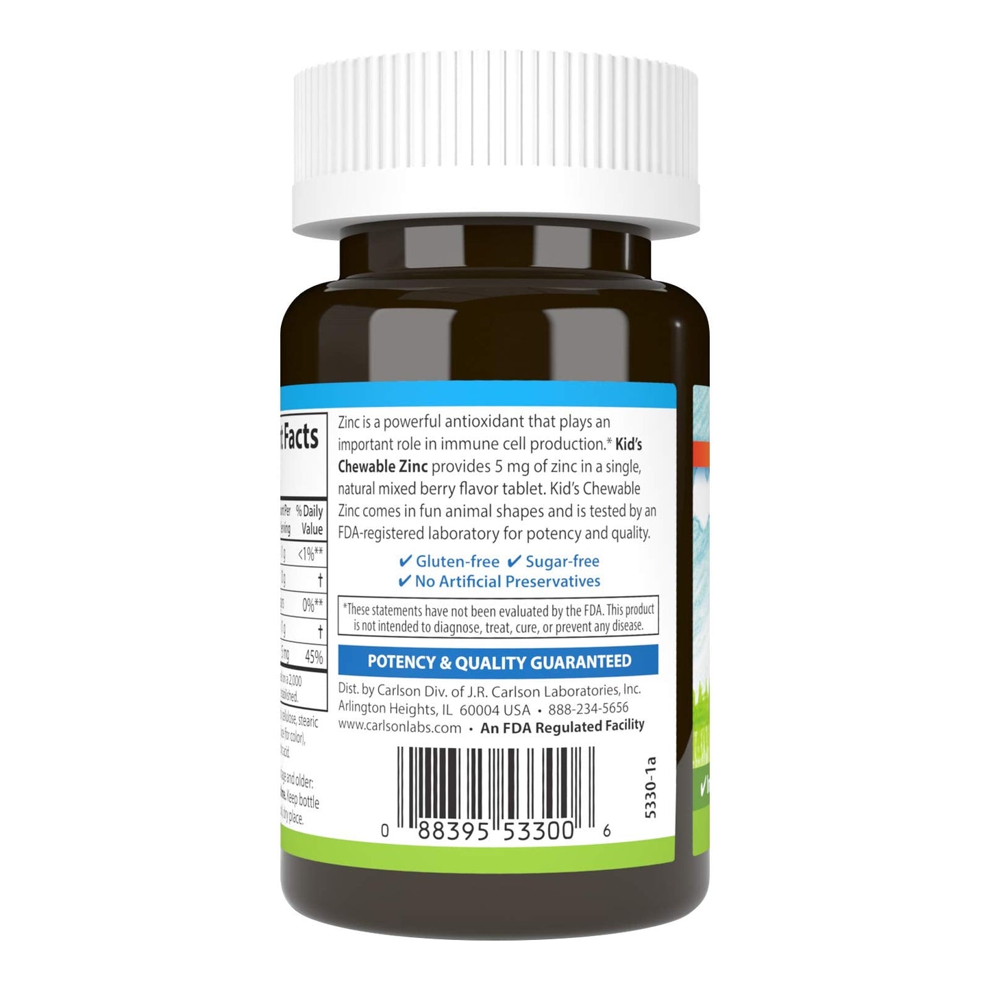 Carlson Kids' Chewable Zinc 5 mg – Immune Support, Antioxidant Power | Berry Flavor, 42 Tablets