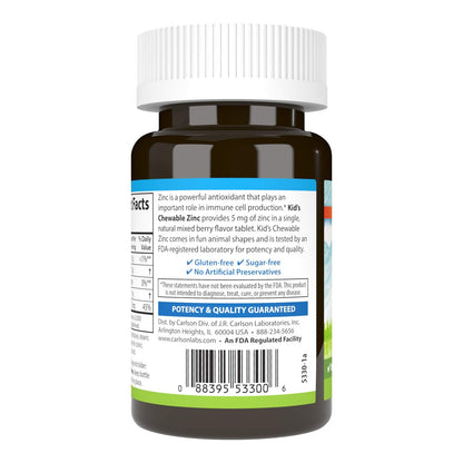 Carlson Kids' Chewable Zinc 5 mg – Immune Support, Antioxidant Power | Berry Flavor, 42 Tablets
