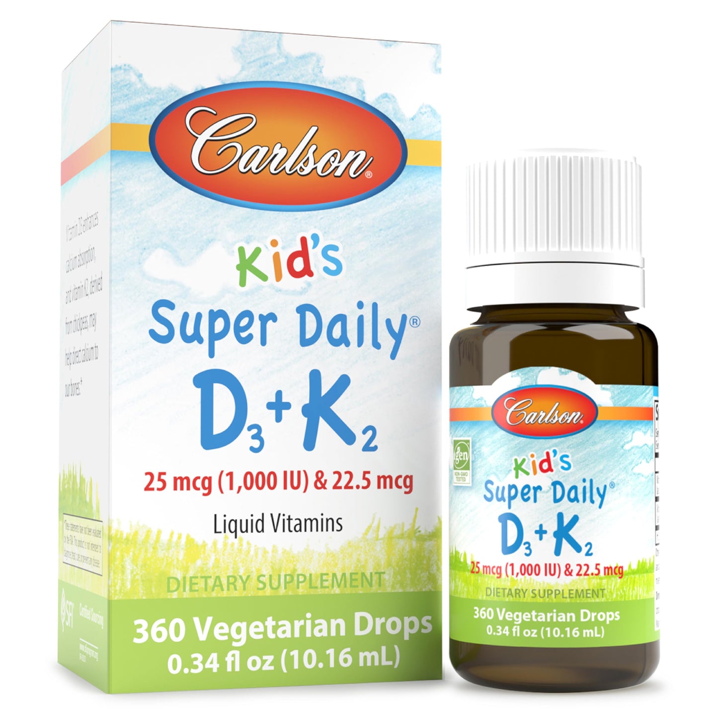 Carlson Kid's Super Daily D3+K2 Drops – 1000 IU D3, 22.5 mcg K2, Unflavored, 360 Drops