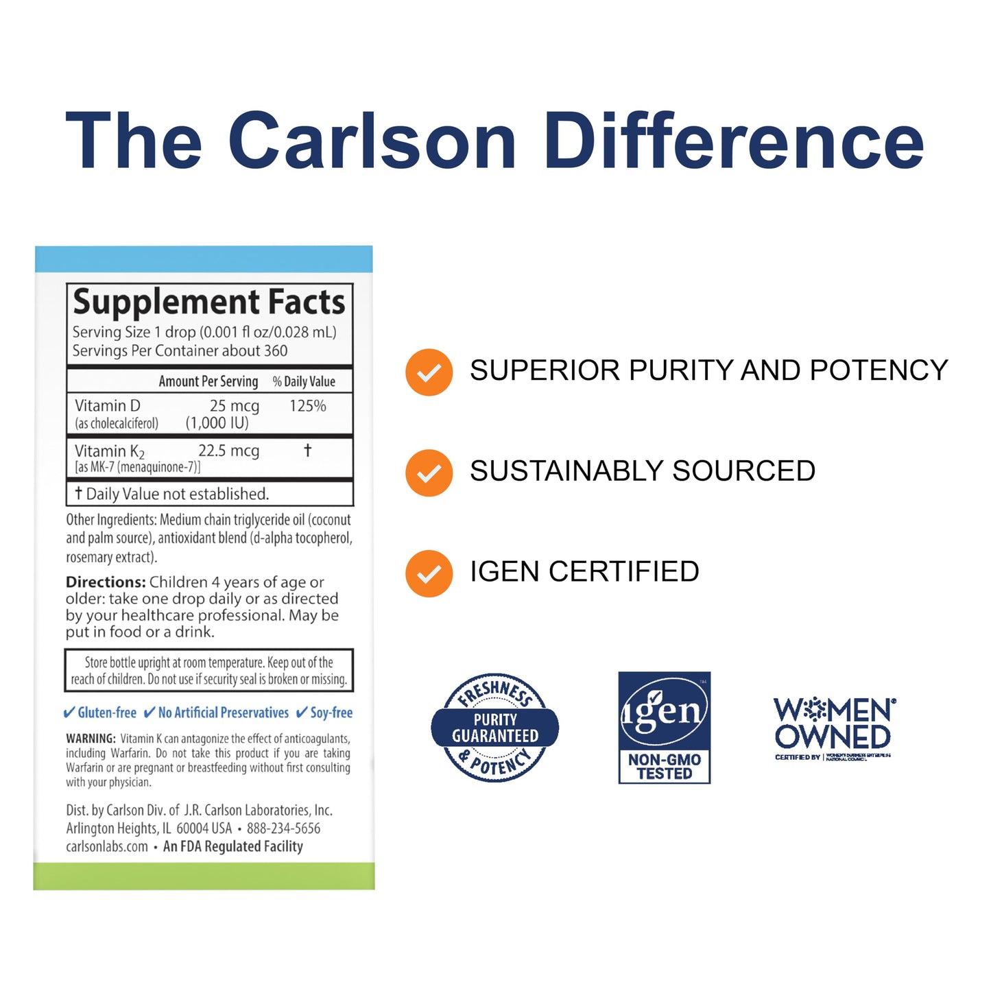 Carlson Kid's Super Daily D3+K2 Drops – 1000 IU D3, 22.5 mcg K2, Unflavored, 360 Drops