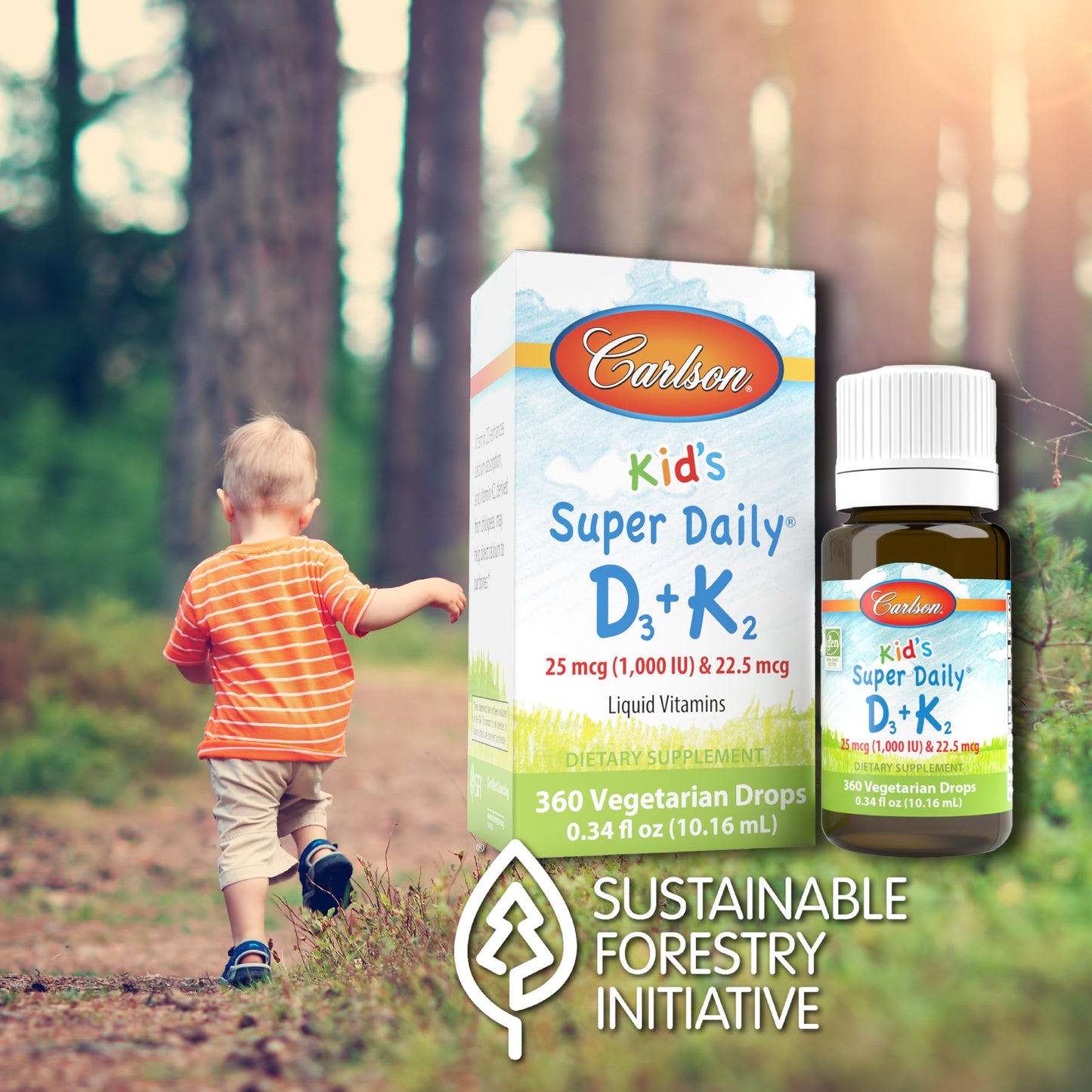 Carlson Kid's Super Daily D3+K2 Drops – 1000 IU D3, 22.5 mcg K2, Unflavored, 360 Drops