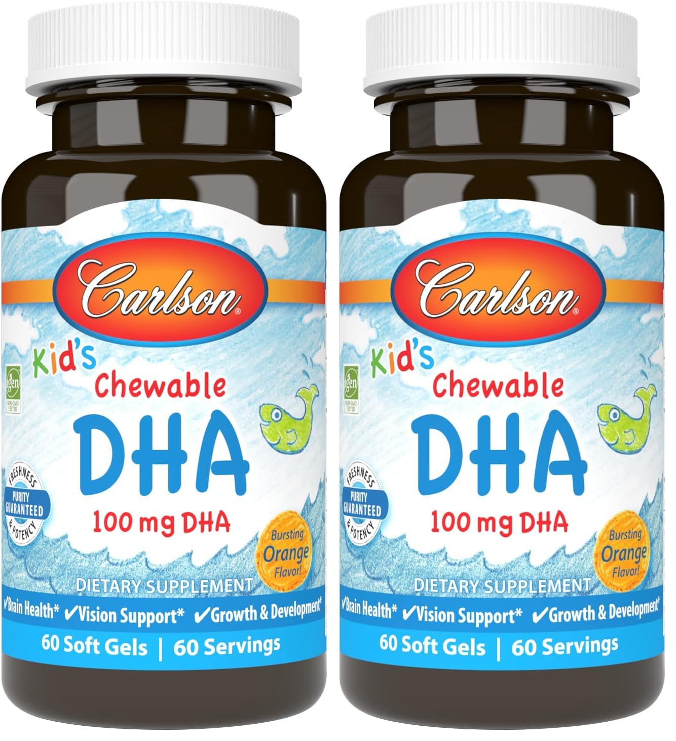 Carlson Kid's Chewable DHA 100 mg – Brain & Vision Support, Orange, 60 Softgels (Pack of 2)
