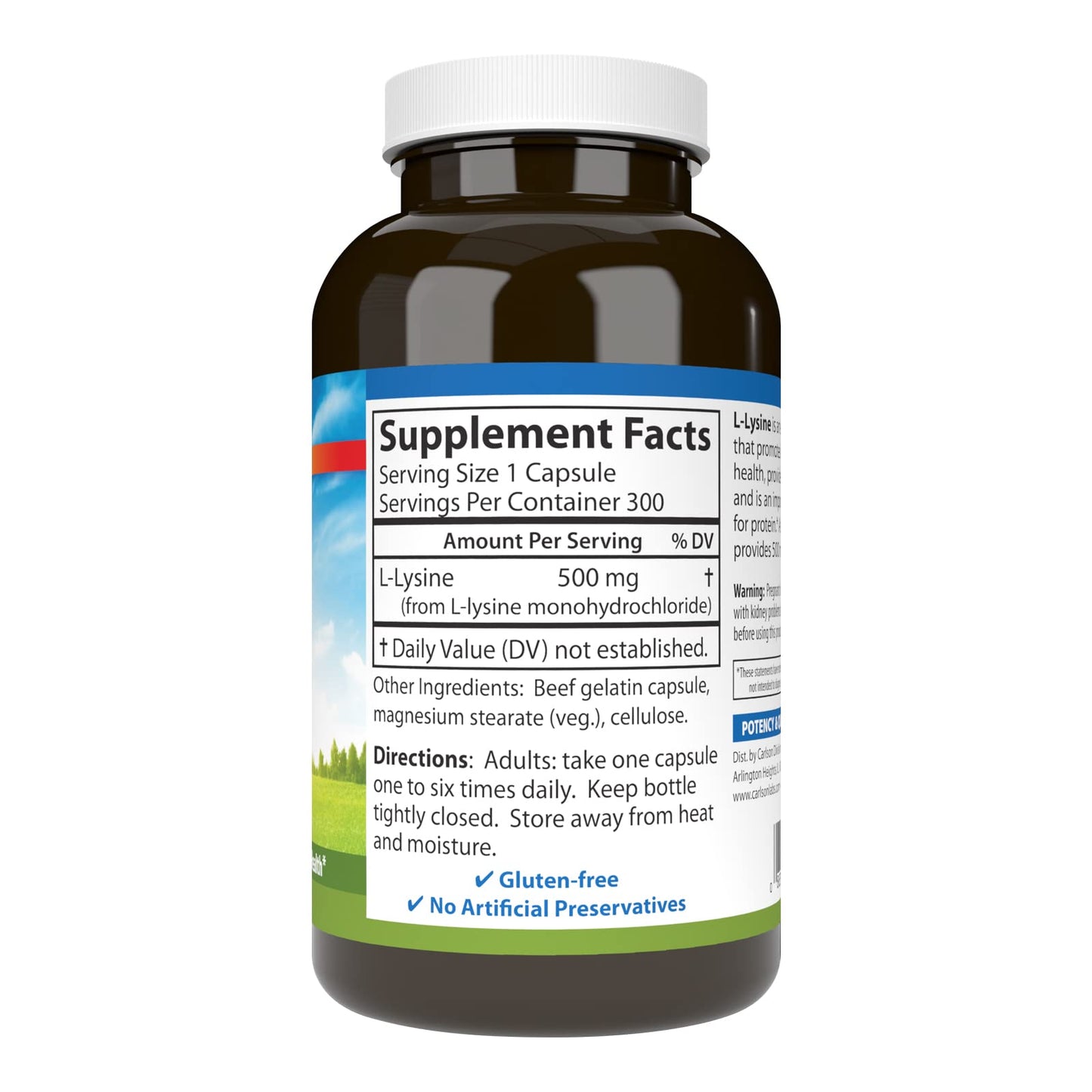 Carlson L-Lysine 500 mg – Supports Healthy Tissue & Muscle Development | 300 Capsules