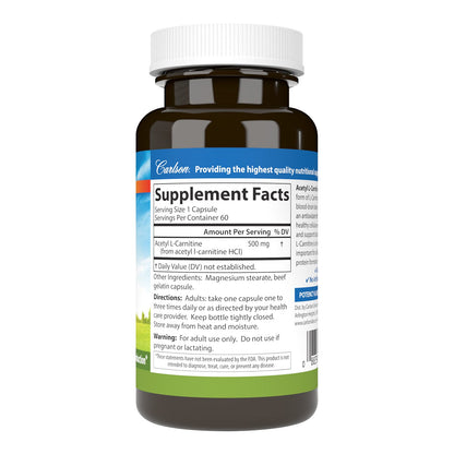 Carlson Labs Acetyl L-Carnitine 500mg | 60 Capsules – Cognitive Health & Heart Support