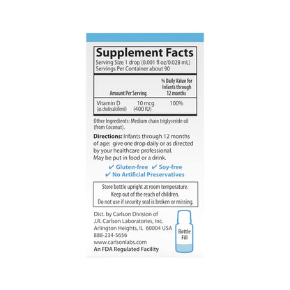 Carlson Laboratories Super Daily D3 for Baby, 0.086 Fl oz | Vitamin D3 Drops